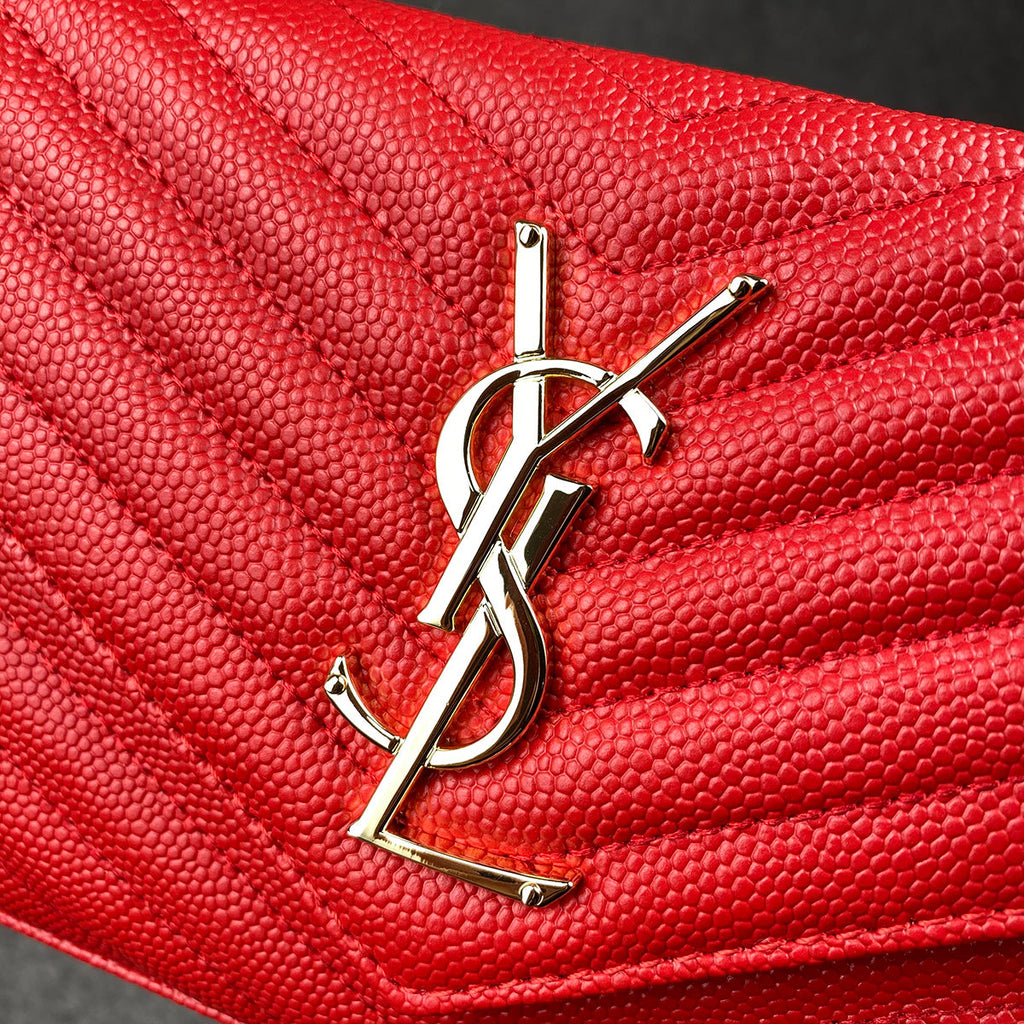 YSL Chain Wallet Matelasse Grain de Poudre Gold-tone 'Eros Red'