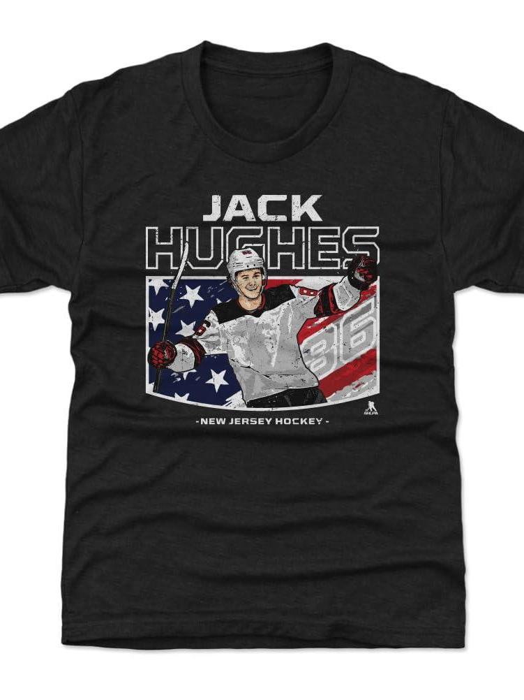 500 LEVEL Jack Hughes Youth Shirt - Jack Hughes New Jersey American Flag Usa Hockey 220gsm Cotton Round Neck Short Sleeve Casual Henley Shirt Men T-Shirt