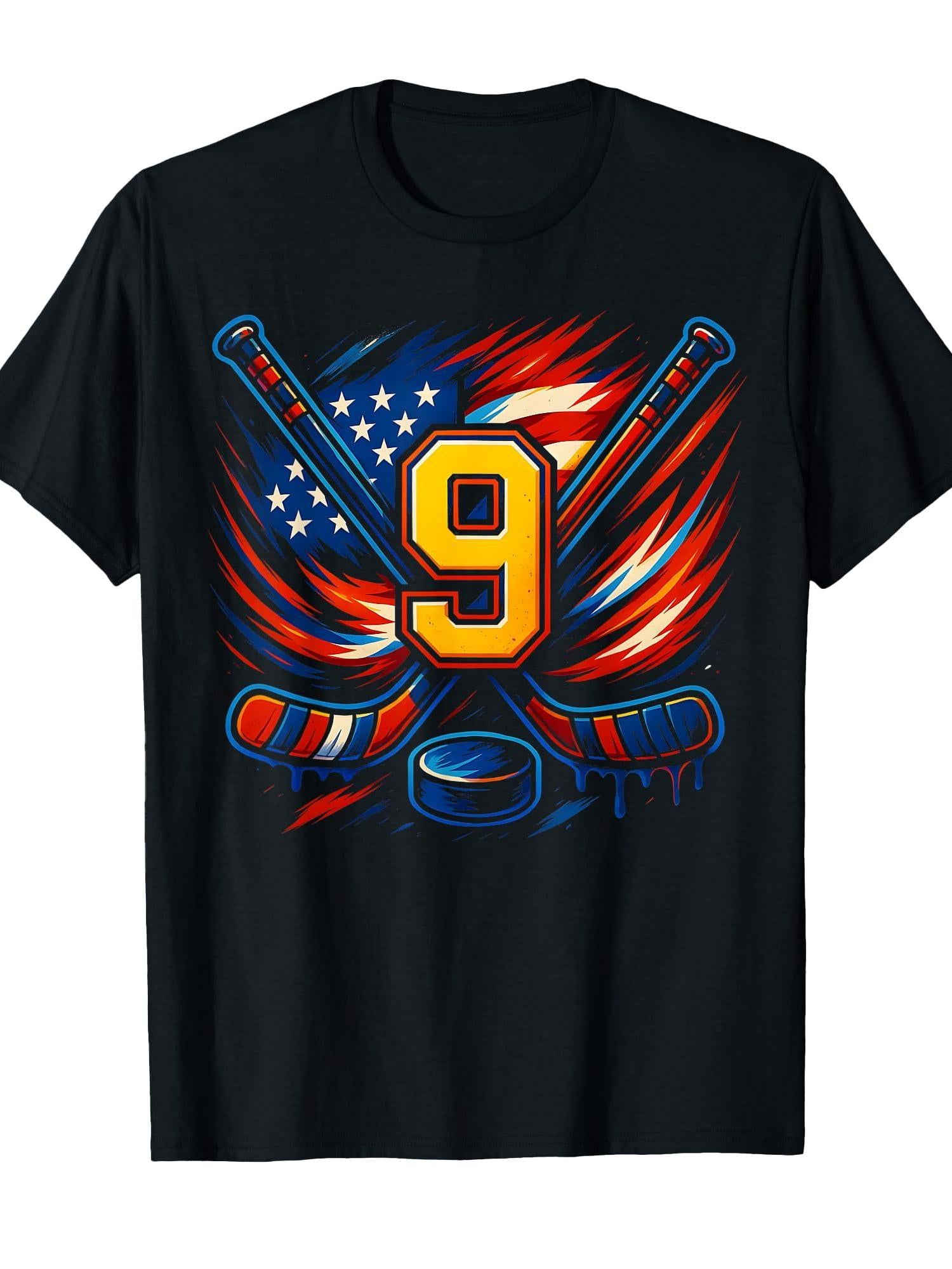 9th Birthday Ice Hockey Boys Nine Hockey Birthday Party T-Shirt Usa Hockey 220gsm Cotton Round Neck Short Sleeve Casual Henley Shirt Men T-Shirt