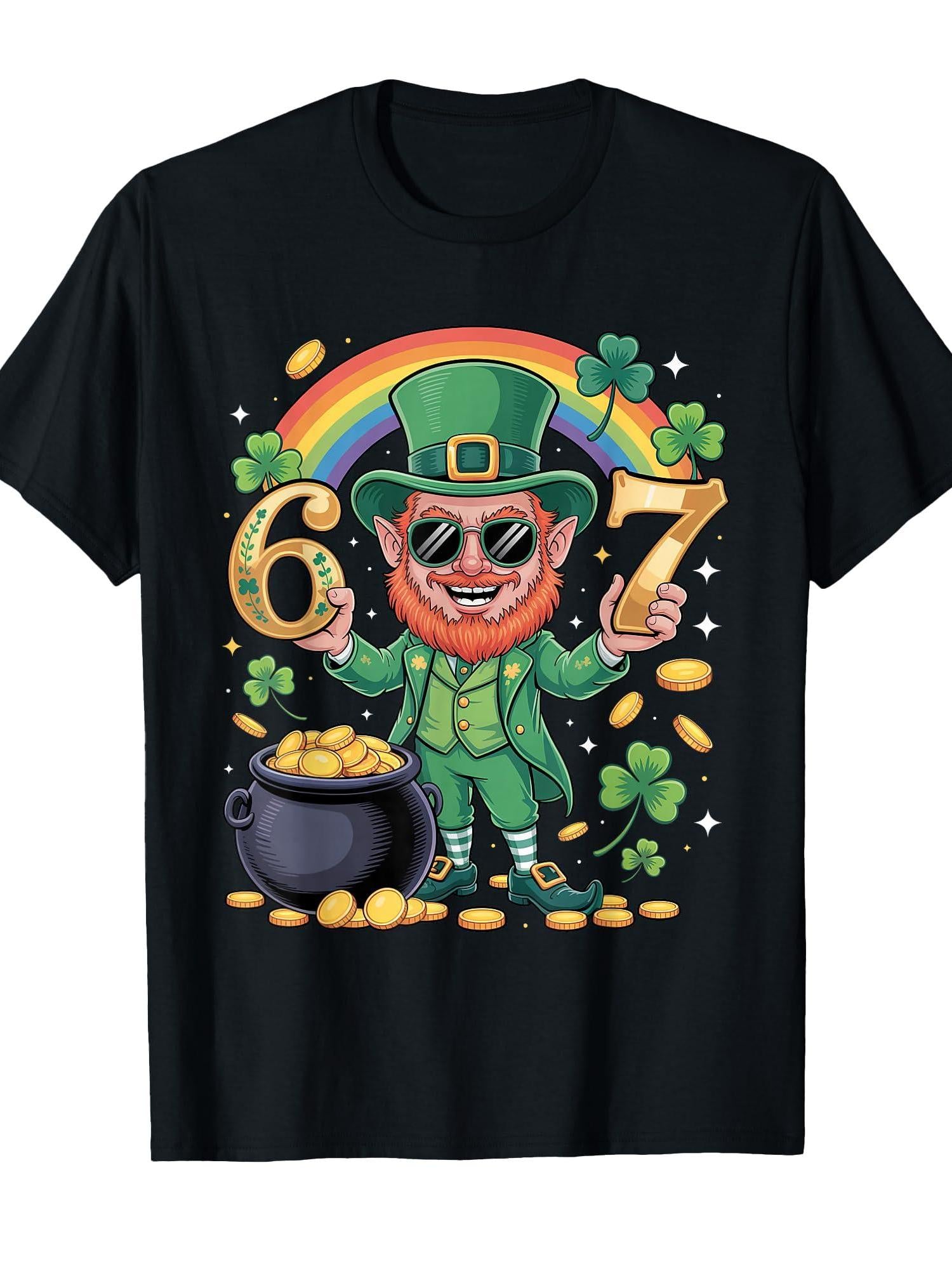 67 Six Seven Funny 6 7 Meme St Patricks Day Leprechaun 67 T-Shirt Leprechaun 220gsm Cotton Round Neck Short Sleeve Casual Henley Shirt Men T-Shirt