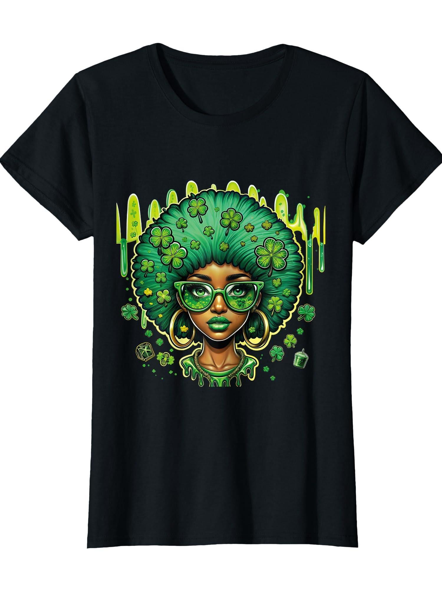 African American Female Leprechaun Black St Patrick's Day T-Shirt Leprechaun 220gsm Cotton Round Neck Short Sleeve Casual Henley Shirt Men T-Shirt
