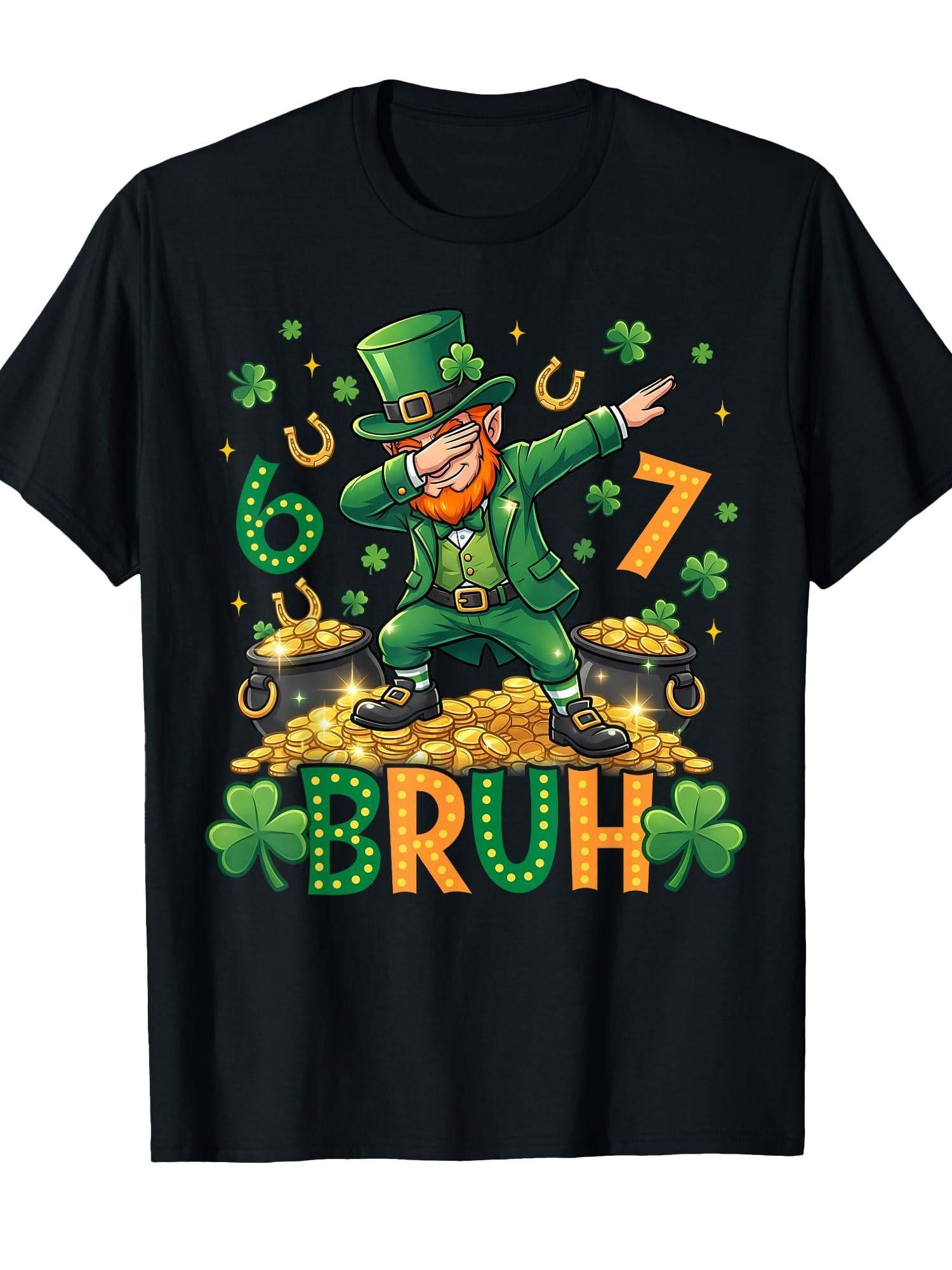 67 Bruh Dab Leprechaun Funny Kids Boys Mens St Patrick Day T-Shirt Leprechaun 220gsm Cotton Round Neck Short Sleeve Casual Henley Shirt Men T-Shirt