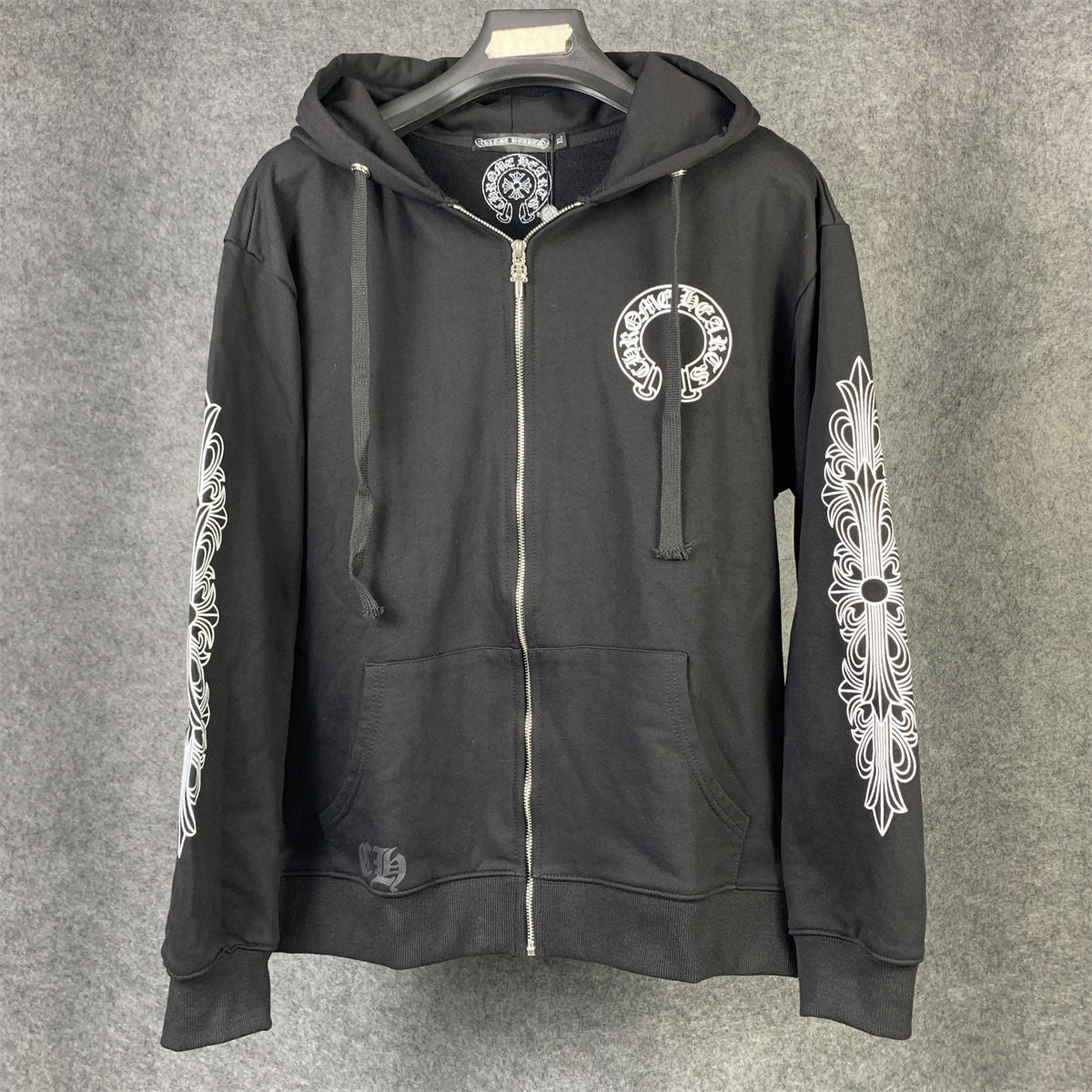 Chrome Hearts Horseshoe Floral Cross-Sleeve Zip Up Hoodie 'Black/White'