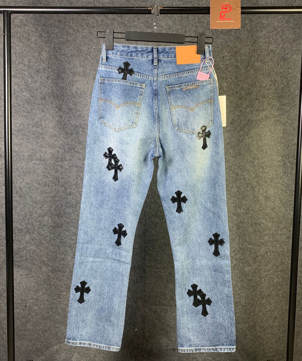 CHROME HEARTS Blue Jeans With Black Leather Crosses