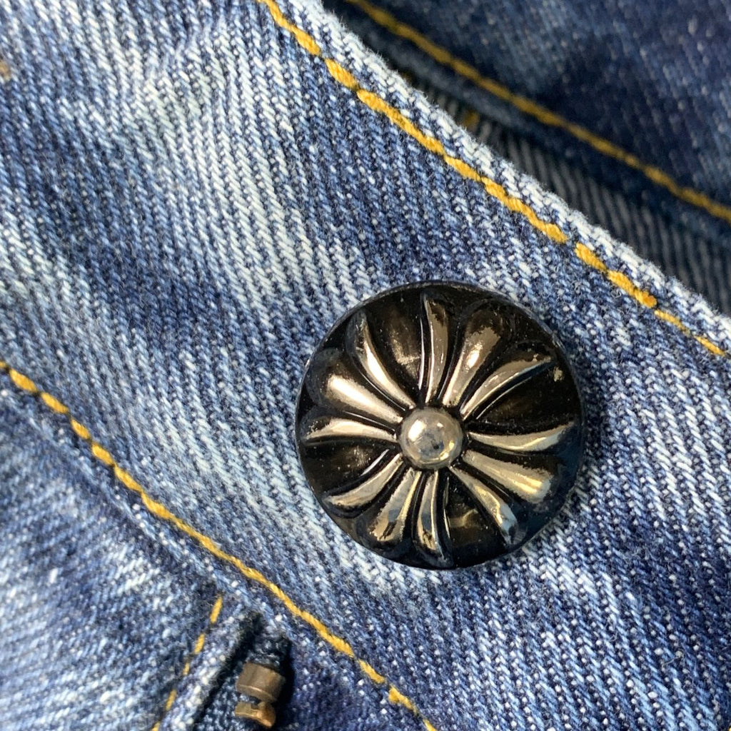 CHROME HEARTS Blue Jeans With Black Leather Crosses
