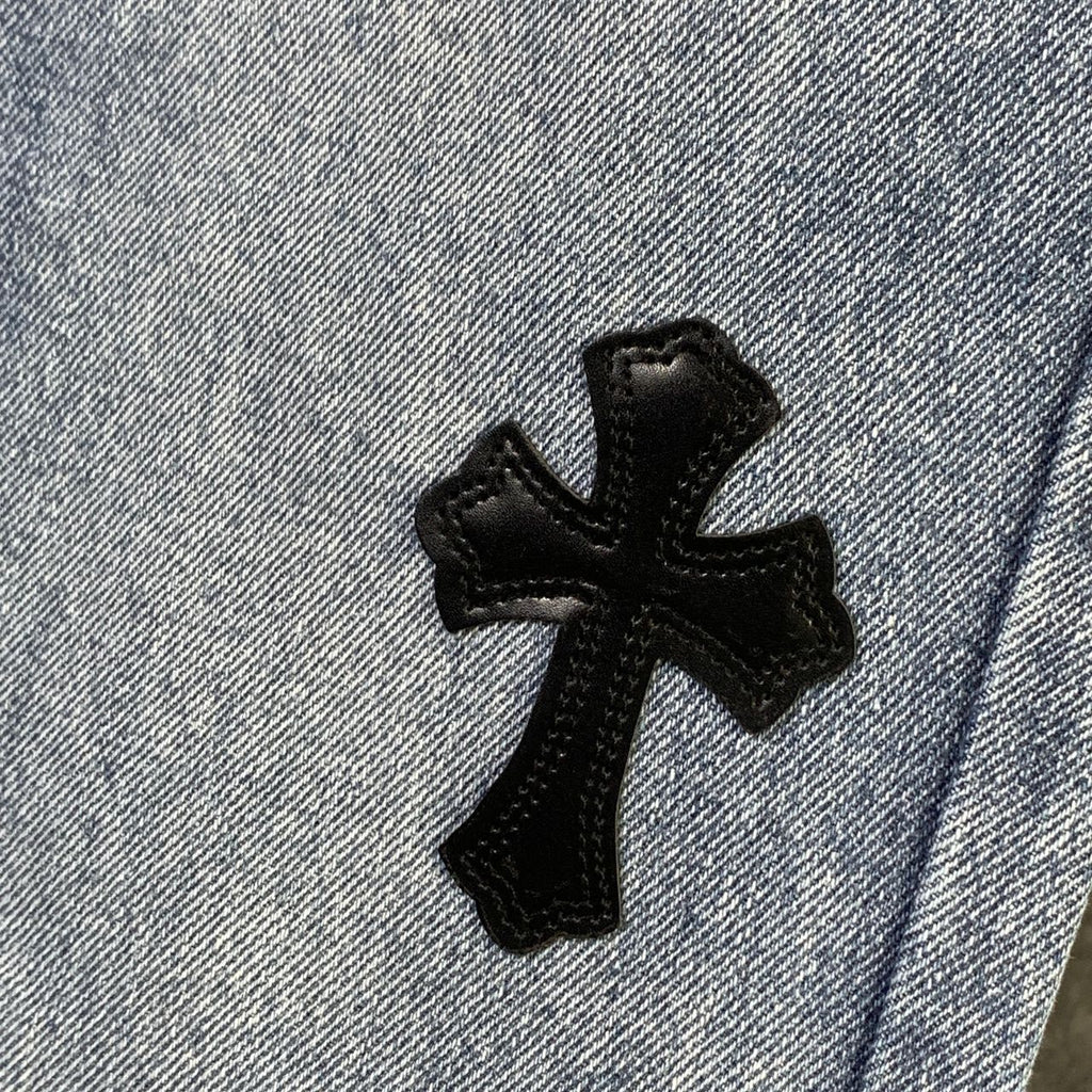CHROME HEARTS Blue Jeans With Black Leather Crosses